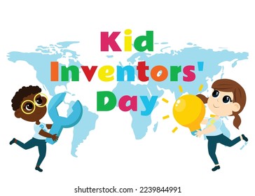 Kid Inventors Day. Cute boy and girl with light bulb and wrench and text Children's Invention Day. Сartoon childish style.