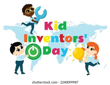 Kid Inventors Day. Cute boy and girl with light bulb and wrench and turn on button and text Children's Invention Day in cartoon childish style.