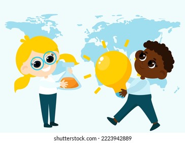 Kid Inventors Day.Children, a boy and a girl, carry a huge yellow light bulb and a test tube against the background of a world map as a symbol of inventions and research, inventing something new. 