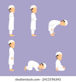 Kid Islamic Pray-Salah poses. Muslim Prayer in Different Salah Poses Vector Illustration