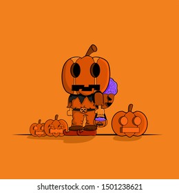 Kid in Jack'O lantern Halloween costume carry bags full of candy.