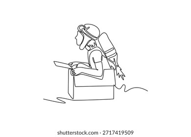 Chico con mochila. Niño jugando en casa. Concepto de juguetes de juego para niños. Diseño de dibujo de línea única. Ilustración gráfica de Vector