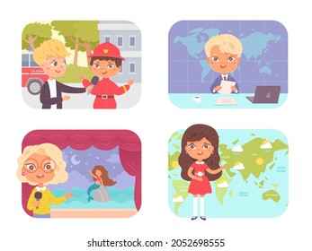 Kid journalist at work, journalistic profession set vector illustration. Cartoon child professional news reporter character holding microphone on interview with firefighter or artist, weather forecast