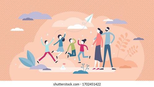 Kid joy vector illustration. Happy childhood time flat tiny person concept. Quality entertainment games together with parents. Positive recreation lifestyle for children relationship with mum and dad