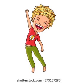 Kid in a jump. Cheerful boy in an orange shirt in a jump. Vector illustration on white background.