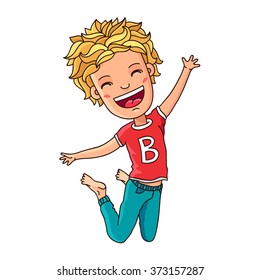 Kid in a jump. Cheerful boy in red t-shirt jumping. Vector illustration on white background.
