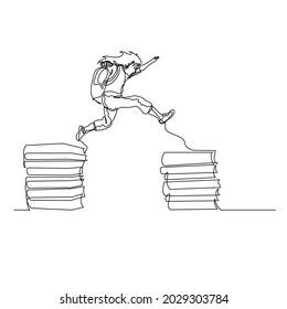 a kid jumping between piles of book in one line vector illustration