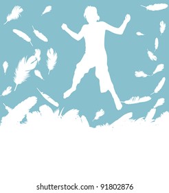 Kid jumping in feathers vector background with copy space for text