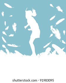 Kid jumping in feathers vector background with copy space for text
