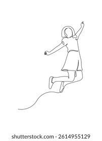 Kid jumping, happy kid jumping for joy in continuous line art drawing style. Black linear sketch isolated on white background. Vector illustration