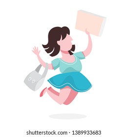 Kid jumping and having fun. Excited girl with a backpack and book. School child. Isolated vector illustration in cartoon style