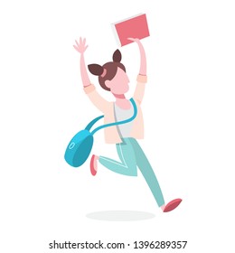 Kid jumping and having fun. Excited girl with a backpack and book. School child. Isolated vector illustration in cartoon style