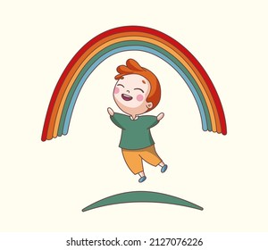 Niño saltando de alegría en una colina bajo el arcoiris, colorida caricatura. Ilustración del vector