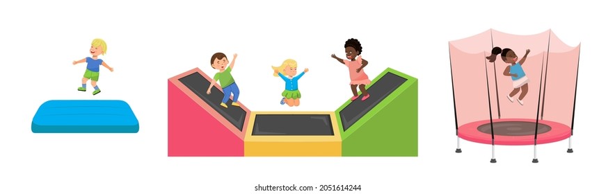 Kid Jumping On Trampoline. Children Leisure, Kids Zone, Active Rest For Little Girl And Boy. Vector Illustration Set Of Playroom, Bounce House For Child.