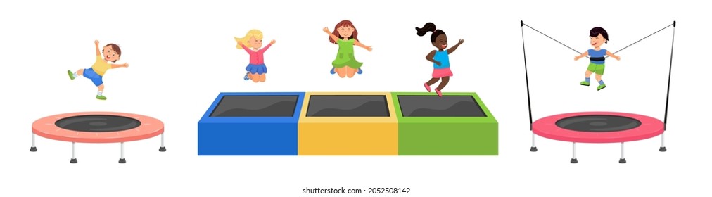 Kid Jumping On Trampoline. Children Leisure, Kids Zone, Active Rest For Little Girl And Boy. Vector Illustration Set Of Playroom, Bounce House Of Playroom For Child.