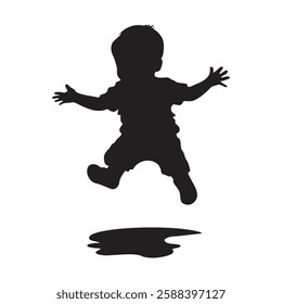 Kid jumping over puddle silhouette vector illustration