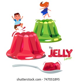 Kid jumping or playing on colorful jelly. jelly lover concept. logotype come with spoon of jelly - vector illustration