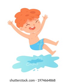 Kid jumping in pool at outdoor party. Boy diving into water to swim on vacation day. Summer resort beach scene vector illustration. Happy active child having fun on holiday