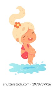 Kid jumping in pool at outdoor party. Girl diving into water to swim on vacation day. Summer resort beach scene vector illustration. Happy active child having fun on holiday