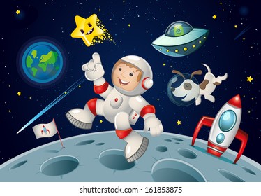 Kid jumping in space accompanied by his dog friend, has reached the moon in his space rocket, and surprised an alien, though this perhaps may be just your imagination.