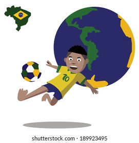 Kid jumps and side kicks the soccer ball. World globe background. vector