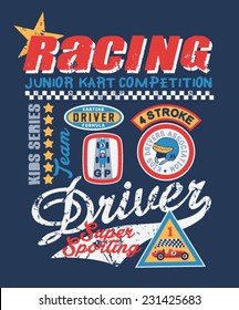 kid karting competition , prints for kids wear with embroidery patches in custom colors