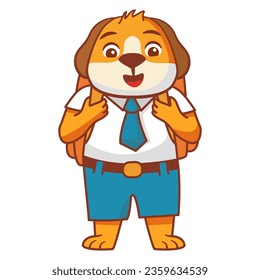 Kid kawaii tropical animal go to school.Animalistic childish character.Cute animal student happily waving his hand.Line art vector.Cartoon lion going to school.A joyful cute lion cub in a school.