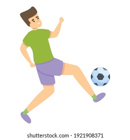 Niño patea un ícono de la pelota de fútbol. Caricatura de un niño que patea un icono del vector de la pelota de fútbol para diseño web aislado en fondo blanco