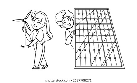 kid kids renewable energy vector. ecology environment, future green, turbine child kid kids renewable energy character. people black line pencil drawing illustration