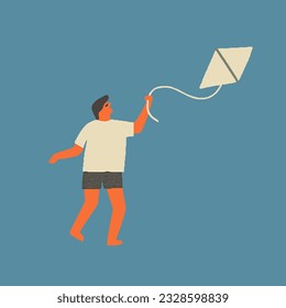 Kid with a kite. Summer illustration in vector.