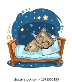 Kid kitten is sleeping in the bed. Dreaming. Night and stars. Children's illustration. Nice. The baby animal fell asleep. Cartoon style picture. Isolated on white background. Vector