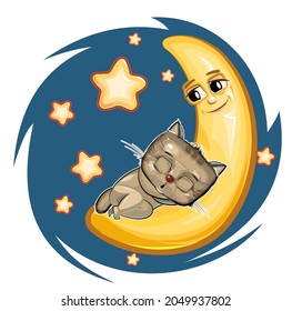 Kid Kitten sleeps on the moon. Dreaming a dream. Childrens illustration. Funny Night sky. The baby animal fell asleep. Cartoon style picture. Isolated on white background. Vector.