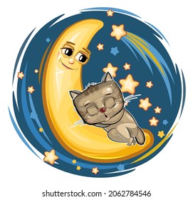 Kid Kitten sleeps on the moon. Dreaming a dream. Childrens illustration. Funny Night sky with a comet. The baby animal fell asleep. Cartoon style picture. Isolated on white background. Vector.
