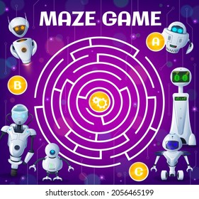 Kid labyrinth maze game, cartoon robots and droids. Vector boardgame with ai cyborgs and androids. Worksheet riddle with round field, tangled path, entries with gears in center. Find correct way test