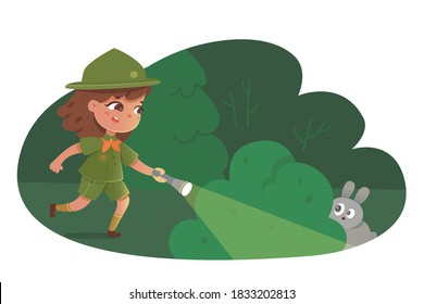 Kid with lamp following rabbit in forest. Girl scout searching for animal hiding behind bush during camping trip. Outdoor adventure scene in summer holiday vector illustration.