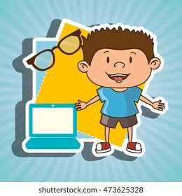 kid with laptop computer and glasses isolated icon design, vector illustration  graphic 