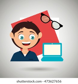kid with laptop computer and glasses isolated icon design, vector illustration  graphic 