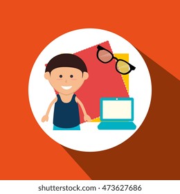 kid with laptop computer and glasses isolated icon design, vector illustration  graphic 