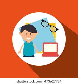 kid with laptop computer and glasses isolated icon design, vector illustration  graphic 
