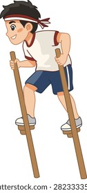 Kid leaning sideways on stilts