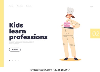 Kid learn profession concept of landing page with girl confectioner. Small child in cook uniform and hat holding cake work as confectionary baker. Cartoon flat vector illustration