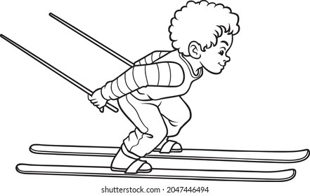 kid learn ski image line vector illustration isolated on white background