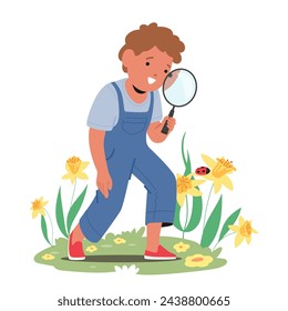 Kid Learning Bugs On Vibrant Field Through Magnifier Discovering The Wonders Of Spring Nature. Boy Engaging Springtime Activities Foster Curiosity And Connection With The Outdoors. Vector Illustration