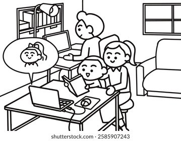 Kid learning at home coloring pages style.