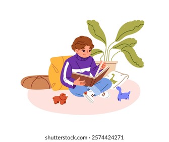 Kid learning, leafing through paper book. Happy little boy sits on the floor with toys, reads stories, fairy tales. Child holds storybook. Flat isolated vector illustration on white background