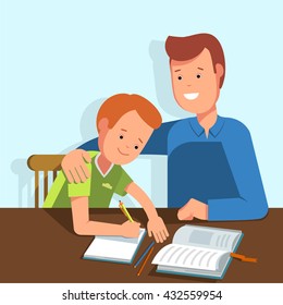 Kid learning lessons with dad. Vector illustration of a child wrote in a school notebook lessons