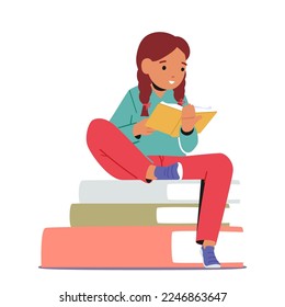 Kid Learning Textbook. Education, Back to School and Knowledge Concept. Schoolgirl Character Sit on Textbooks Pile Read Book, Studying, Prepare Exam in Library. Cartoon Vector Illustration