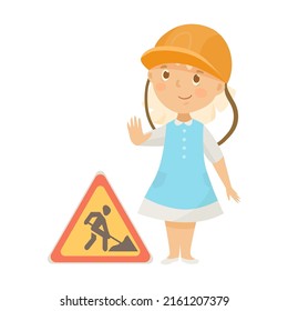 Kid learning traffic rules cartoon illustration. Cute children crossing road on green light, walking on street crosswalk