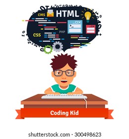 Kid is learning web design and coding. Software engineering for web. Flat style vector illustration isolated on white background.