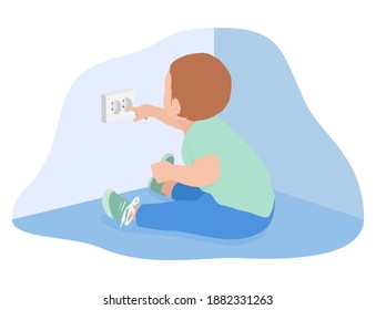 The kid left alone sits on the floor and touches the socket with his fingers. Accident prevention, safety concept